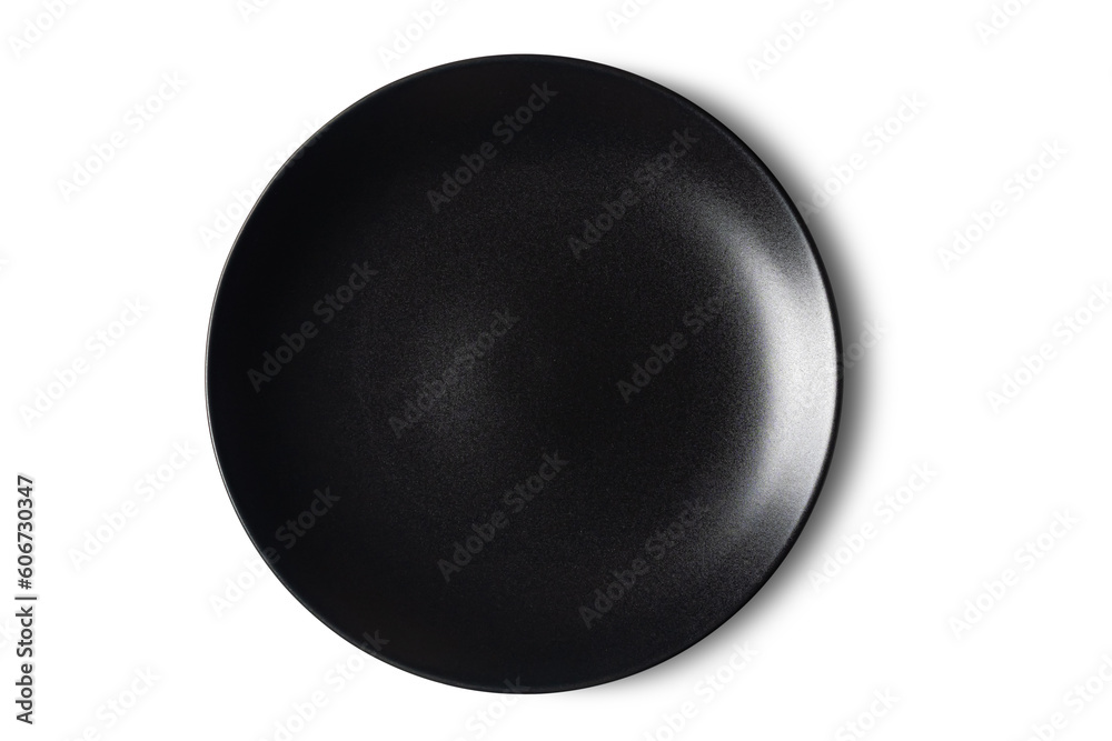 Top view of single new empty black ceramic plate isolated on white background with clipping path.