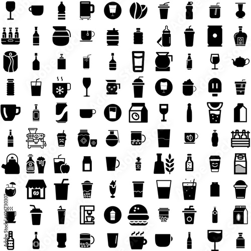Collection Of 100 Beverage Icons Set Isolated Solid Silhouette Icons Including Drink, Juice, Glass, Beverage, Fruit, Cocktail, Food Infographic Elements Vector Illustration Logo
