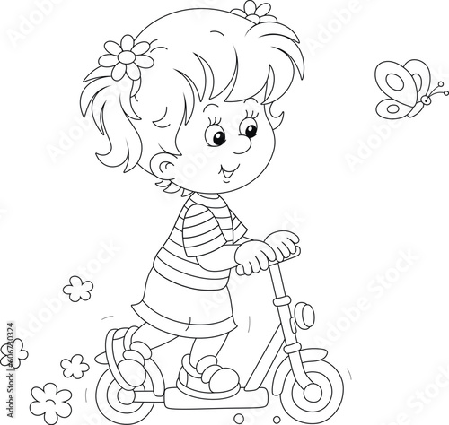 Cute child playing on a playground in a park on summer vacation  black and white vector cartoon illustration for a coloring book