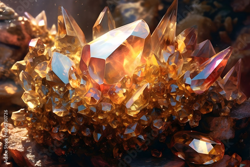 A sunny hyperrealistic image of a cluster of brown citrine crystals shining in the natural light. Generative AI technology
