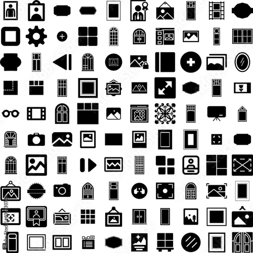 Collection Of 100 Frame Icons Set Isolated Solid Silhouette Icons Including Design, Background, Art, Border, Frame, Vintage, Vector Infographic Elements Vector Illustration Logo