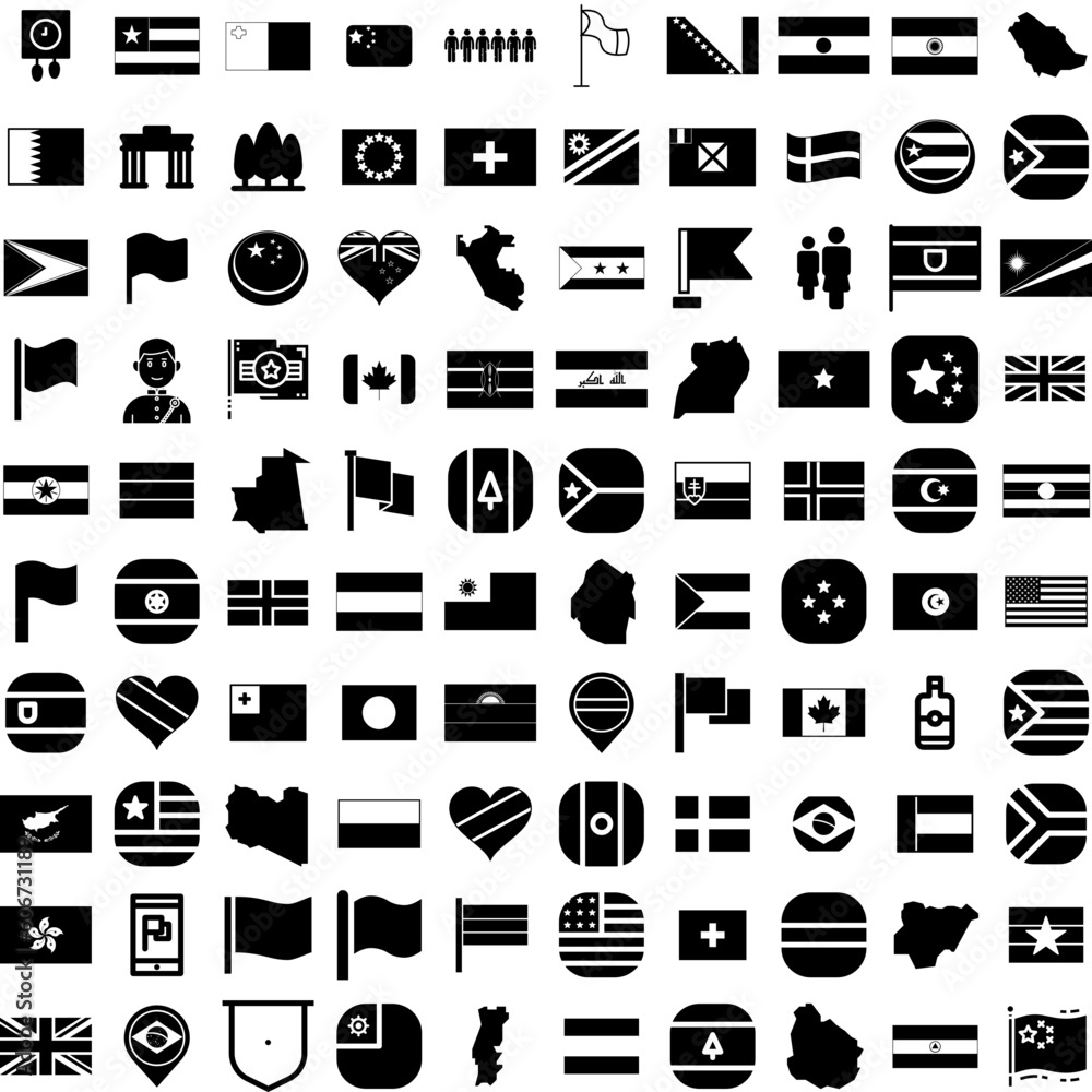 Collection Of 100 Nation Icons Set Isolated Solid Silhouette Icons Including Arabic, Holiday, Vector, National, Logo, Flag, Day Infographic Elements Vector Illustration Logo