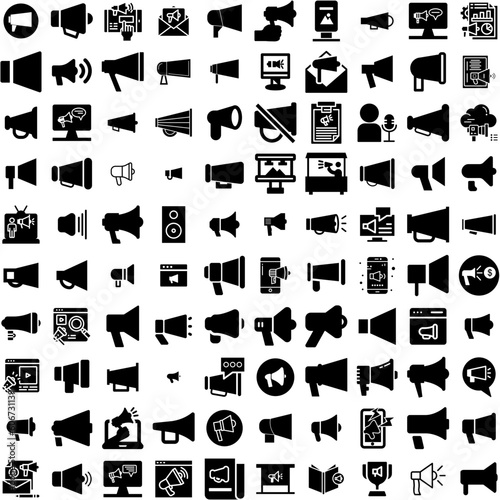 Collection Of 100 Megaphone Icons Set Isolated Solid Silhouette Icons Including Speaker, Loud, Loudspeaker, Speech, Message, Announce, Megaphone Infographic Elements Vector Illustration Logo