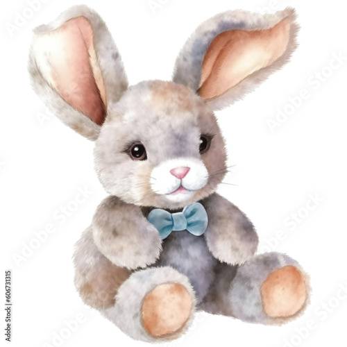 Toy, watercolor, plush rabbit. Watercolor toy for baby. Isolated on a transparent background. KI. © Honey Bear