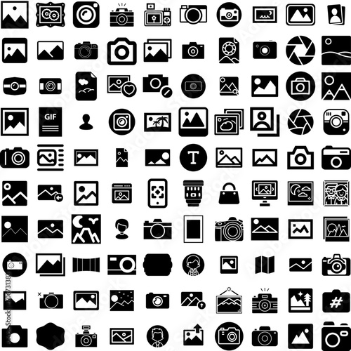 Collection Of 100 Picture Icons Set Isolated Solid Silhouette Icons Including Frame, Blank, Photo, Picture, Empty, Background, Art Infographic Elements Vector Illustration Logo