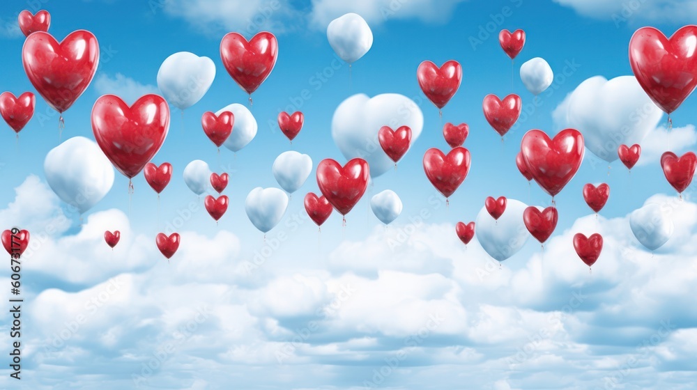 holiday background - greeting card with balloons heart shape in the sky. love and celebration. valentine's day card balloons with red heart. Generative AI 