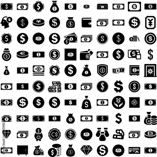 Collection Of 100 Wealth Icons Set Isolated Solid Silhouette Icons Including Business, Financial, Gold, Coin, Wealth, Investment, Money Infographic Elements Vector Illustration Logo