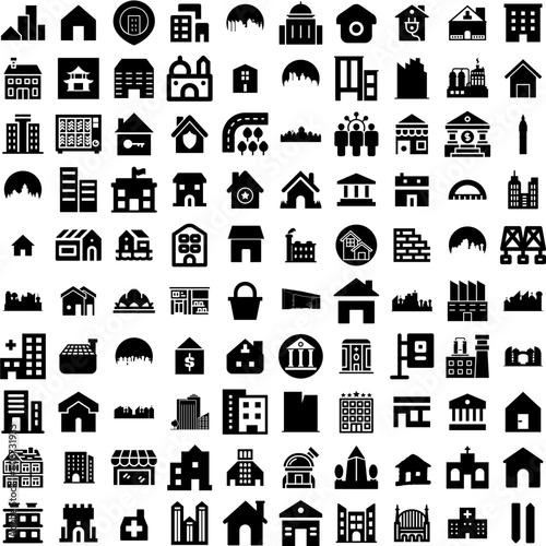 Collection Of 100 Building Icons Set Isolated Solid Silhouette Icons Including Urban, Business, Construction, Architecture, Building, City, Office Infographic Elements Vector Illustration Logo
