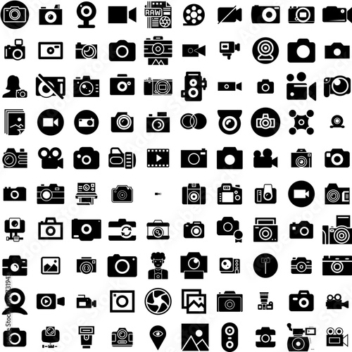 Collection Of 100 Camera Icons Set Isolated Solid Silhouette Icons Including Photography, Photo, Equipment, Lens, Digital, Camera, Illustration Infographic Elements Vector Illustration Logo