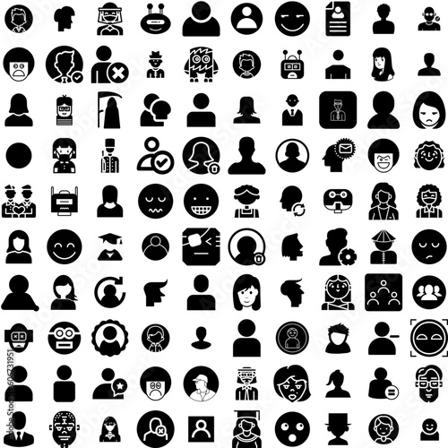 Collection Of 100 Avatar Icons Set Isolated Solid Silhouette Icons Including Avatar, Male, Person, Human, Man, Face, People Infographic Elements Vector Illustration Logo