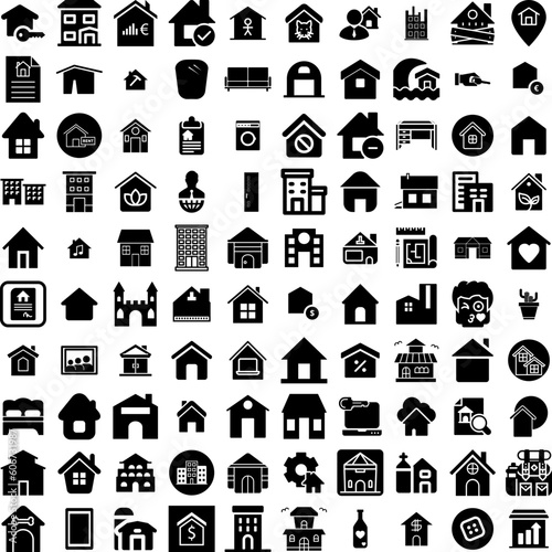 Collection Of 100 House Icons Set Isolated Solid Silhouette Icons Including Architecture, Residential, Home, Estate, House, Property, Building Infographic Elements Vector Illustration Logo