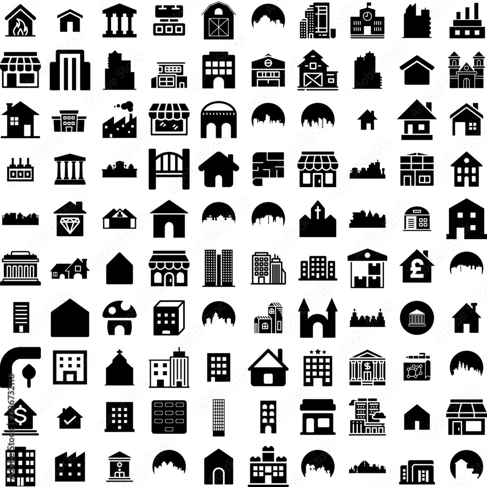 Collection Of 100 Building Icons Set Isolated Solid Silhouette Icons Including Urban, Architecture, Building, City, Construction, Office, Business Infographic Elements Vector Illustration Logo