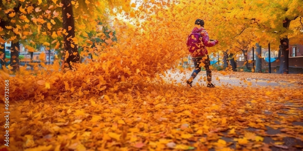 A worker equipped with a powerful leaf blower battles a wave of colorful fallen leaves overwhelming the playground, concept of Nature maintenance, created with Generative AI technology