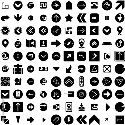 Collection Of 100 Direction Icons Set Isolated Solid Silhouette Icons Including Symbol, Sign, Vector, Background, Illustration, Arrow, Direction Infographic Elements Vector Illustration Logo