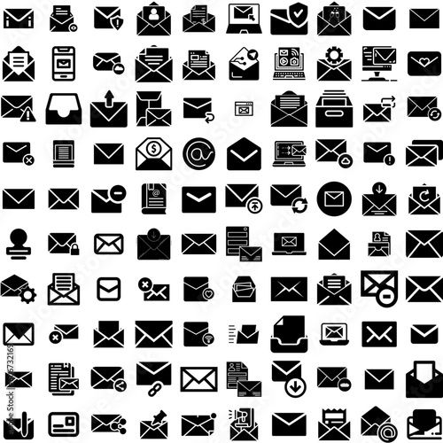 Collection Of 100 Email Icons Set Isolated Solid Silhouette Icons Including Web, Vector, Communication, Message, Email, Mail, Internet Infographic Elements Vector Illustration Logo