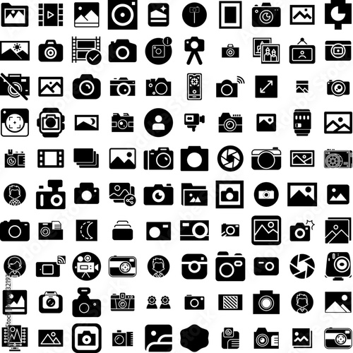 Collection Of 100 Photo Icons Set Isolated Solid Silhouette Icons Including Paper, Blank, Frame, Photo, Design, Picture, Retro Infographic Elements Vector Illustration Logo