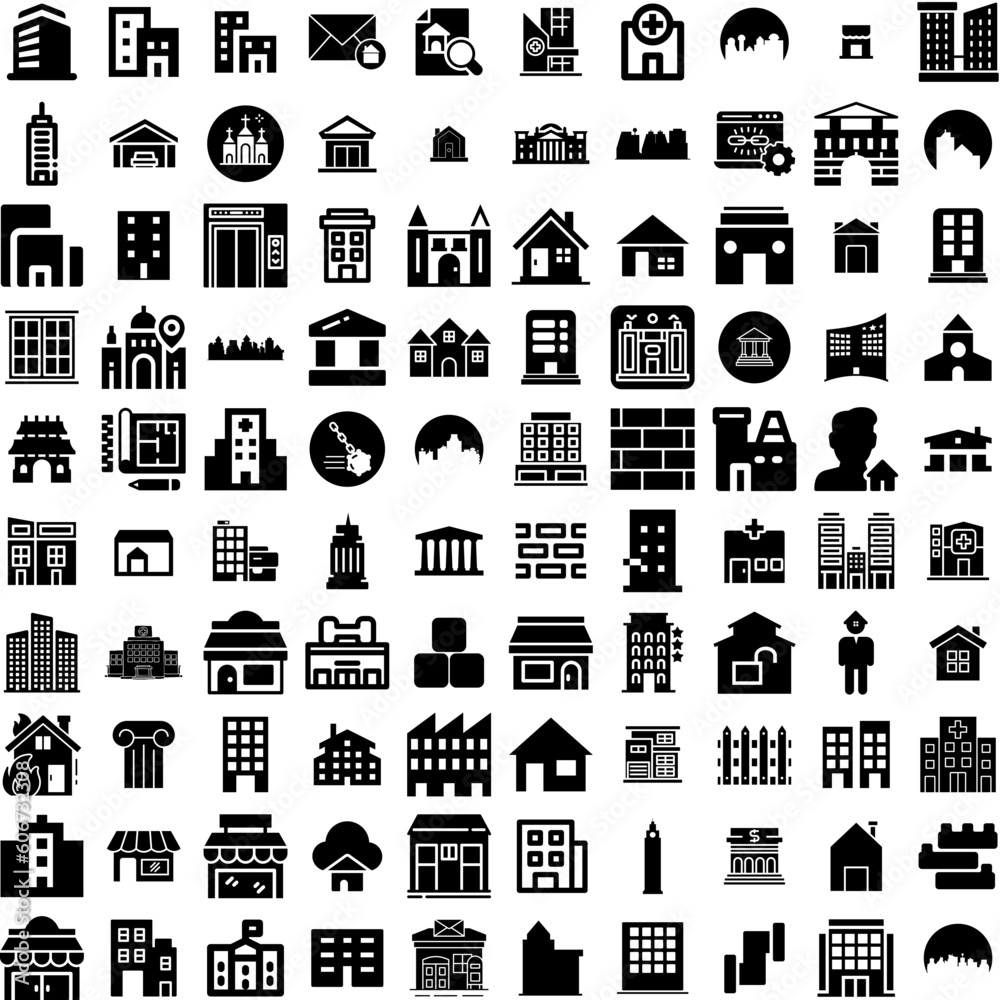 Collection Of 100 Building Icons Set Isolated Solid Silhouette Icons Including Architecture, Business, Construction, Urban, Building, City, Office Infographic Elements Vector Illustration Logo