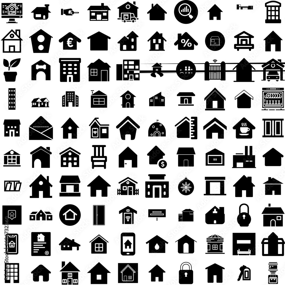 Collection Of 100 House Icons Set Isolated Solid Silhouette Icons Including Property, Estate, Home, Building, Residential, Architecture, House Infographic Elements Vector Illustration Logo