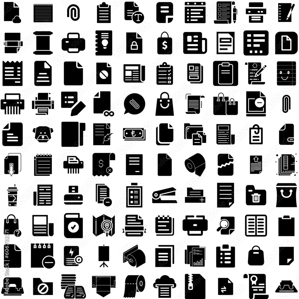 Collection Of 100 Paper Icons Set Isolated Solid Silhouette Icons Including Paper, Texture, Grunge, Background, Vintage, Pattern, Blank Infographic Elements Vector Illustration Logo