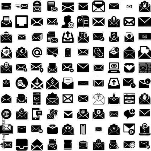 Collection Of 100 Email Icons Set Isolated Solid Silhouette Icons Including Internet, Message, Mail, Email, Vector, Web, Communication Infographic Elements Vector Illustration Logo