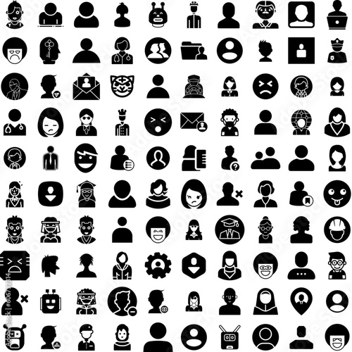 Collection Of 100 Avatar Icons Set Isolated Solid Silhouette Icons Including Face, Avatar, Person, Man, Human, Male, People Infographic Elements Vector Illustration Logo