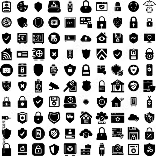 Collection Of 100 Security Icons Set Isolated Solid Silhouette Icons Including Privacy, Computer, Technology, Internet, Security, Protection, Secure Infographic Elements Vector Illustration Logo