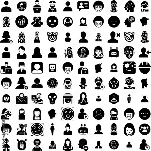 Collection Of 100 Avatar Icons Set Isolated Solid Silhouette Icons Including People, Man, Human, Person, Avatar, Male, Face Infographic Elements Vector Illustration Logo