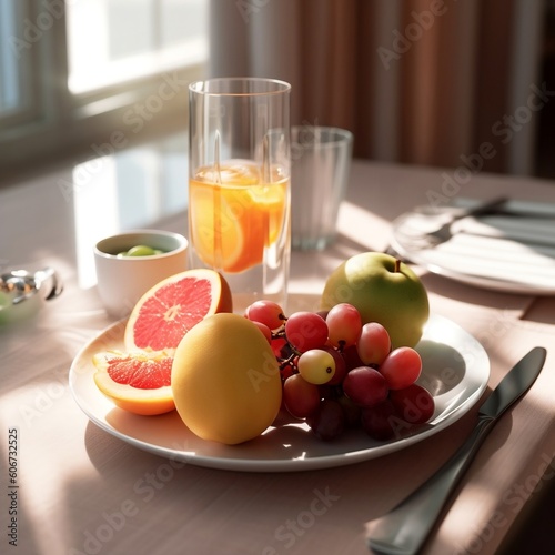 Freshly Cut Fruits on White Plate with Fresh Juice, Generative Ai.