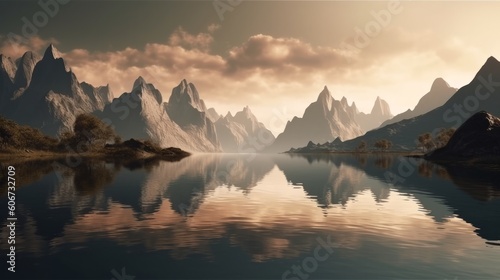 Fantasy alien planet. Mountain and lake. Digital illustration  generative Ai