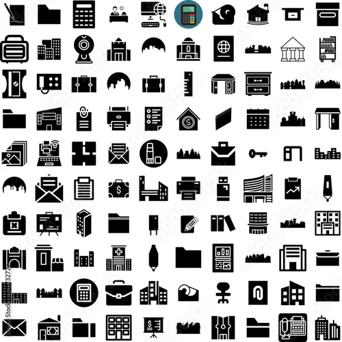 Collection Of 100 Office Icons Set Isolated Solid Silhouette Icons Including Table, Work, Modern, Computer, Technology, Business, Office Infographic Elements Vector Illustration Logo