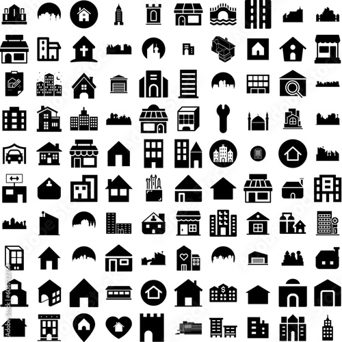 Collection Of 100 Building Icons Set Isolated Solid Silhouette Icons Including City, Urban, Building, Architecture, Construction, Office, Business Infographic Elements Vector Illustration Logo