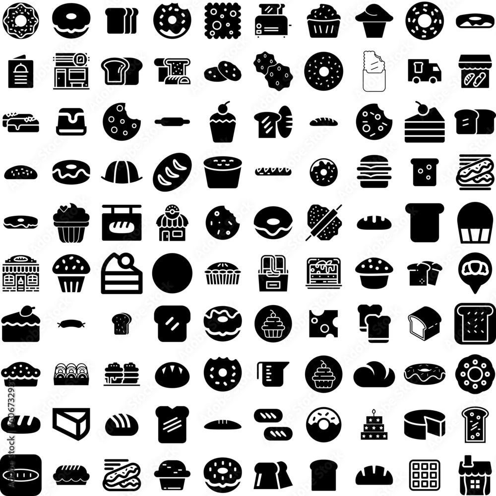 Collection Of 100 Bakery Icons Set Isolated Solid Silhouette Icons Including Design, Pastry, Shop, Cafe, Bakery, Food, Bread Infographic Elements Vector Illustration Logo