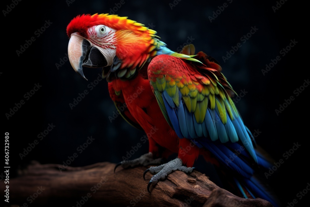 Beautiful Scarlet Macaw on dark background, generative Ai