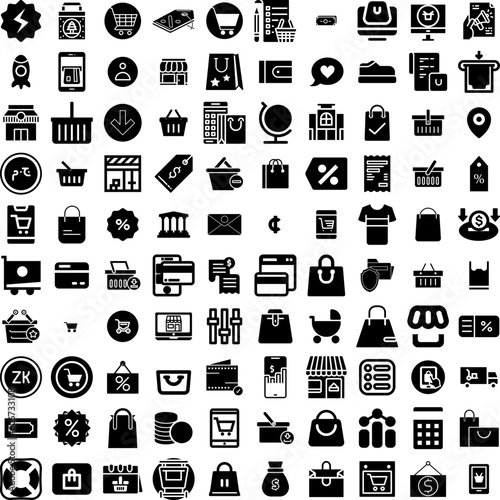 Collection Of 100 Commerce Icons Set Isolated Solid Silhouette Icons Including Store, Web, Business, Retail, Online, Technology, Internet Infographic Elements Vector Illustration Logo