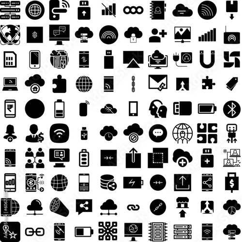 Collection Of 100 Connect Icons Set Isolated Solid Silhouette Icons Including Connection, Communication, Internet, Connect, Abstract, Technology, Network Infographic Elements Vector Illustration Logo