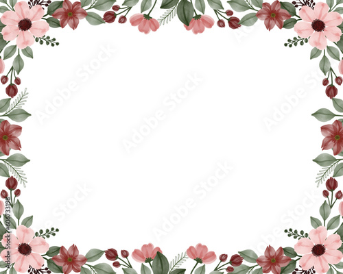 white background with red and peach floral frame