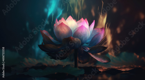 magic pink lotus flower on water - shiny blossom lights with bokeh background, generative AI 