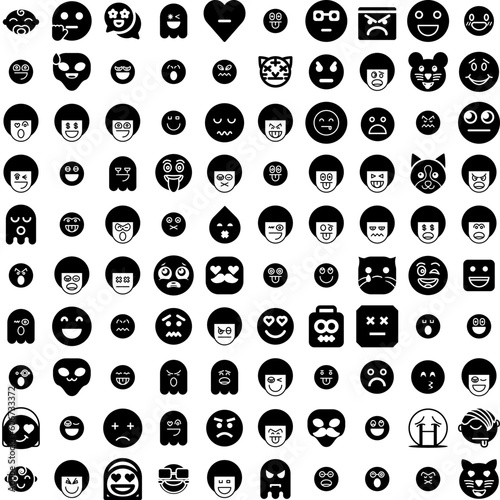 Collection Of 100 Emoticon Icons Set Isolated Solid Silhouette Icons Including Vector, Sign, Face, Emoji, Symbol, Emoticon, Icon Infographic Elements Vector Illustration Logo