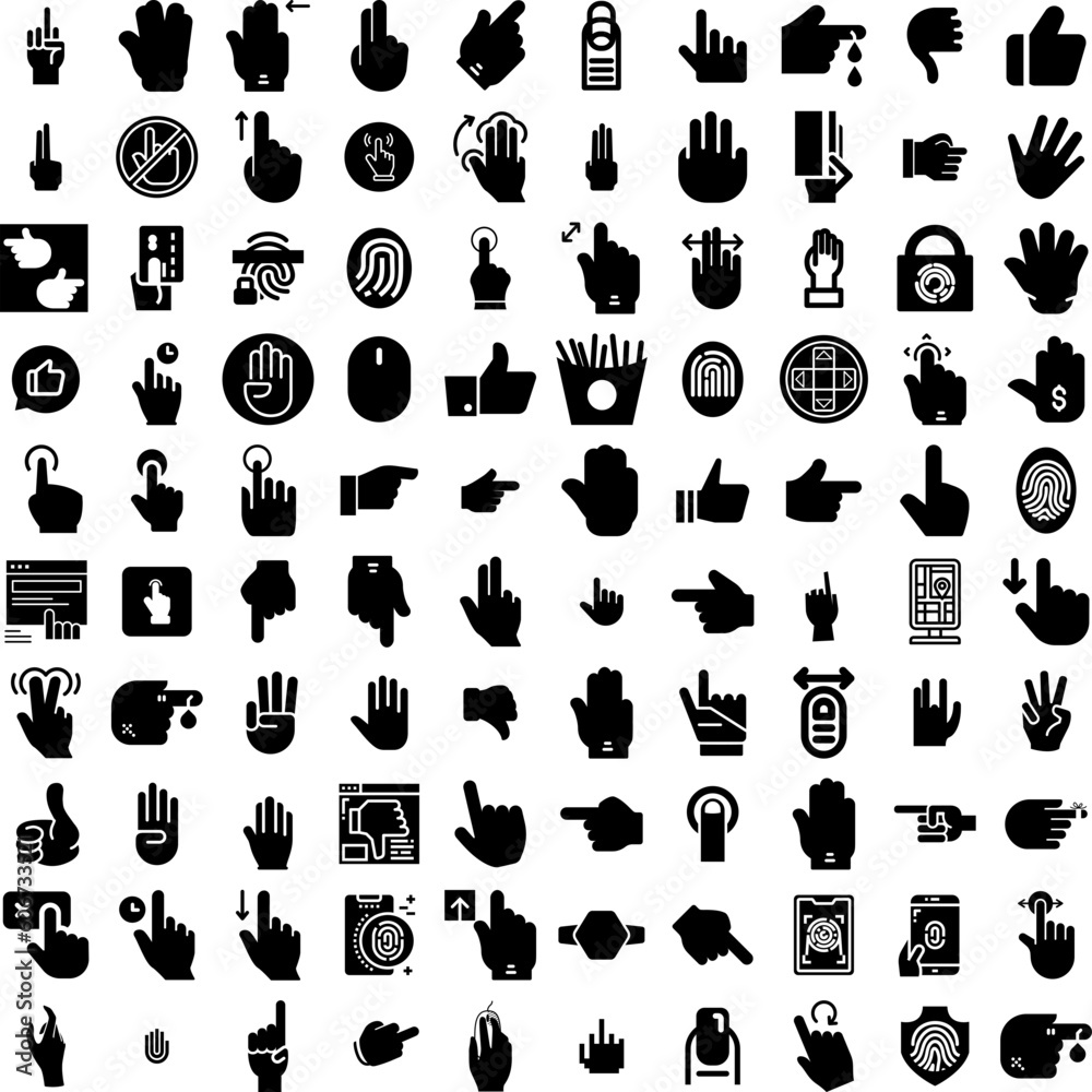 Collection Of 100 Finger Icons Set Isolated Solid Silhouette Icons Including Icon, Point, Isolated, Sign, Finger, Hand, Vector Infographic Elements Vector Illustration Logo