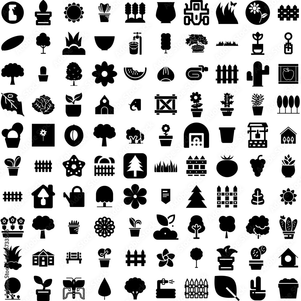 Collection Of 100 Garden Icons Set Isolated Solid Silhouette Icons Including Plant, Summer, Garden, Nature, Outdoor, Background, Spring Infographic Elements Vector Illustration Logo