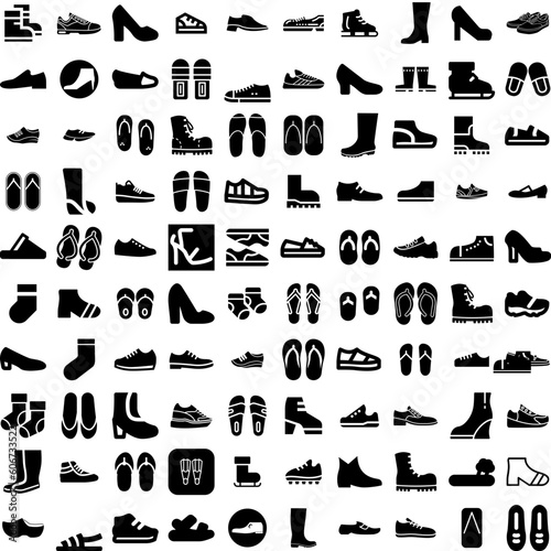 Collection Of 100 Footwear Icons Set Isolated Solid Silhouette Icons Including Footwear, Foot, Casual, Shoes, Female, Fashion, Shoe Infographic Elements Vector Illustration Logo