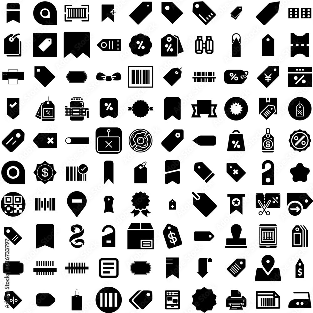 Collection Of 100 Label Icons Set Isolated Solid Silhouette Icons Including Label, Icon, Vector, Sticker, Sign, Design, Tag Infographic Elements Vector Illustration Logo