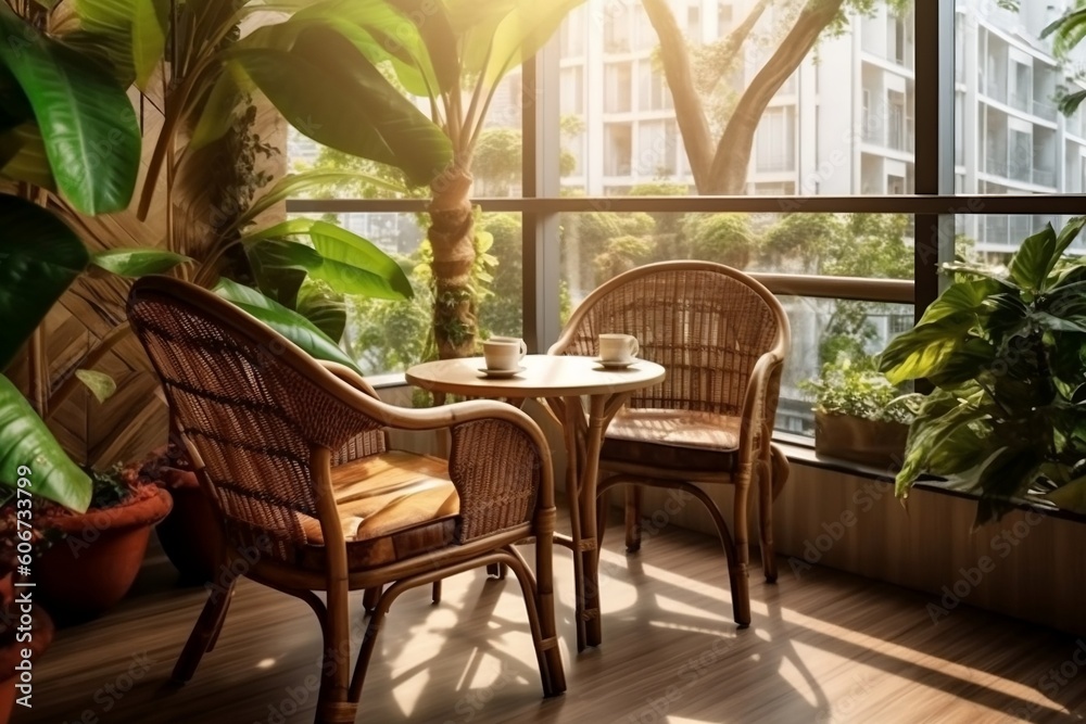 Luxury Tropical Cafe with Wooden Table and Rattan Chair, Generative Ai.