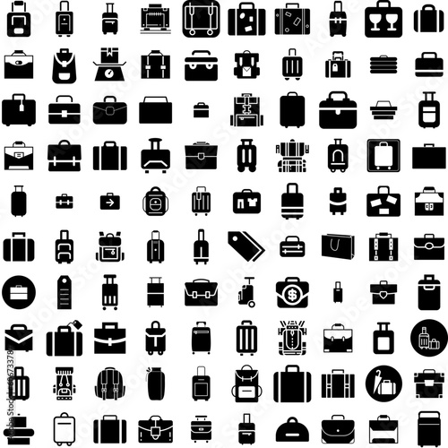 Collection Of 100 Luggage Icons Set Isolated Solid Silhouette Icons Including Vacation, Luggage, Bag, Journey, Baggage, Suitcase, Travel Infographic Elements Vector Illustration Logo