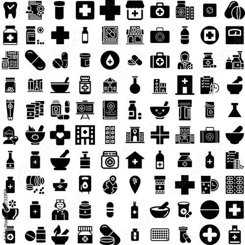 Collection Of 100 Pharmacy Icons Set Isolated Solid Silhouette Icons Including Drugstore, Pharmacy, Health, Medication, Medicine, Pharmacist, Medical Infographic Elements Vector Illustration Logo