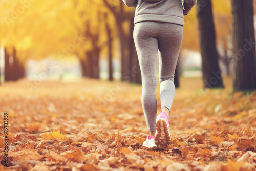 Back view of a woman running in autumn park, sport lifestyle, Generative AI