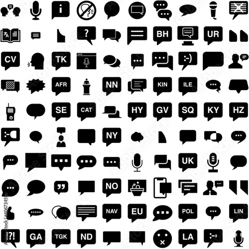 Collection Of 100 Speak Icons Set Isolated Solid Silhouette Icons Including Illustration, Symbol, Speech, Communication, Person, Speak, Talk Infographic Elements Vector Illustration Logo