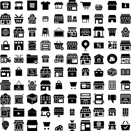 Collection Of 100 Store Icons Set Isolated Solid Silhouette Icons Including Business, Store, Market, Supermarket, Retail, Shop, Sale Infographic Elements Vector Illustration Logo