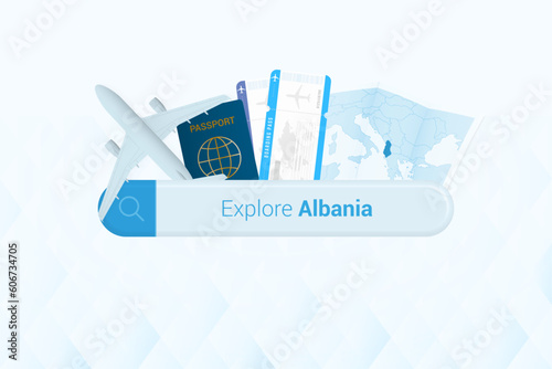 Searching tickets to Albania or travel destination in Albania. Searching bar with airplane, passport, boarding pass, tickets and map.