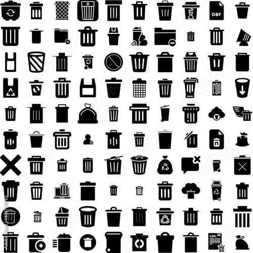 Collection Of 100 Trash Icons Set Isolated Solid Silhouette Icons Including Waste, Trash, Bin, Rubbish, Garbage, Recycle, Clean Infographic Elements Vector Illustration Logo